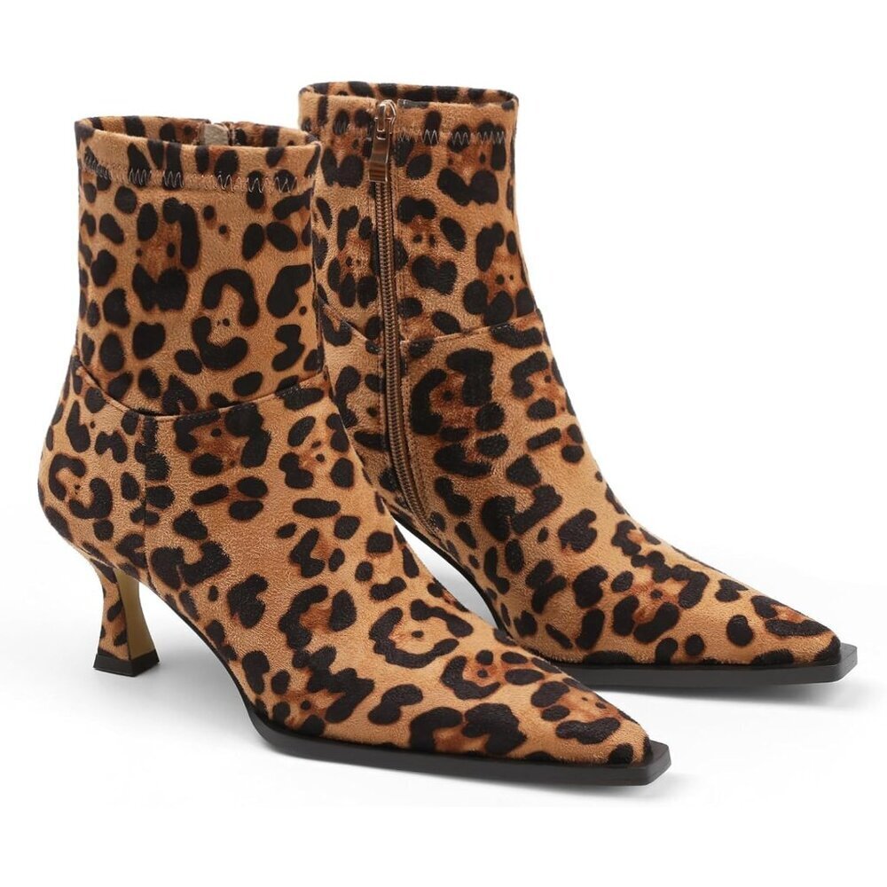 Women's Leopard Ankle Stiletto High Heel Pointed Toe Side Zipper Dress Boots